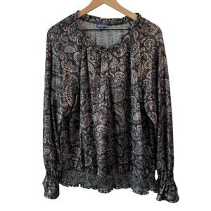 Democracy Womens Top XL Metallic Long Sleeve Blouse Paisley Elastic Stretch Goth